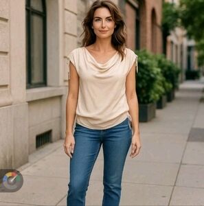 Escada Beige Silk Draped-Shoulder Sleeveless Blouse